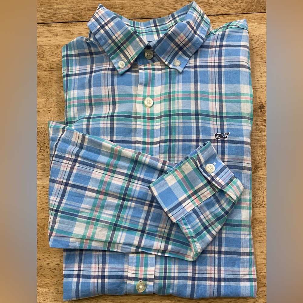 Vineyard Vines Whale‎ Shirt Big Boy’s XL (18) Blue Pastel Plaid Cotton Oxford